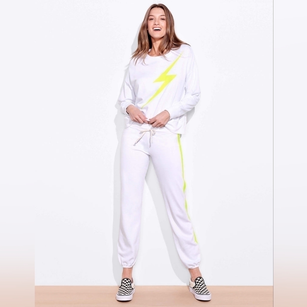 Sundry White Sweatshirt with Yellow Lightning Bolt